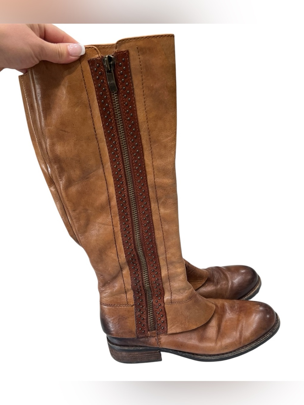 Vince Camuto Tan Brown Studded Zip Knee-High Leather Boots size 8.5